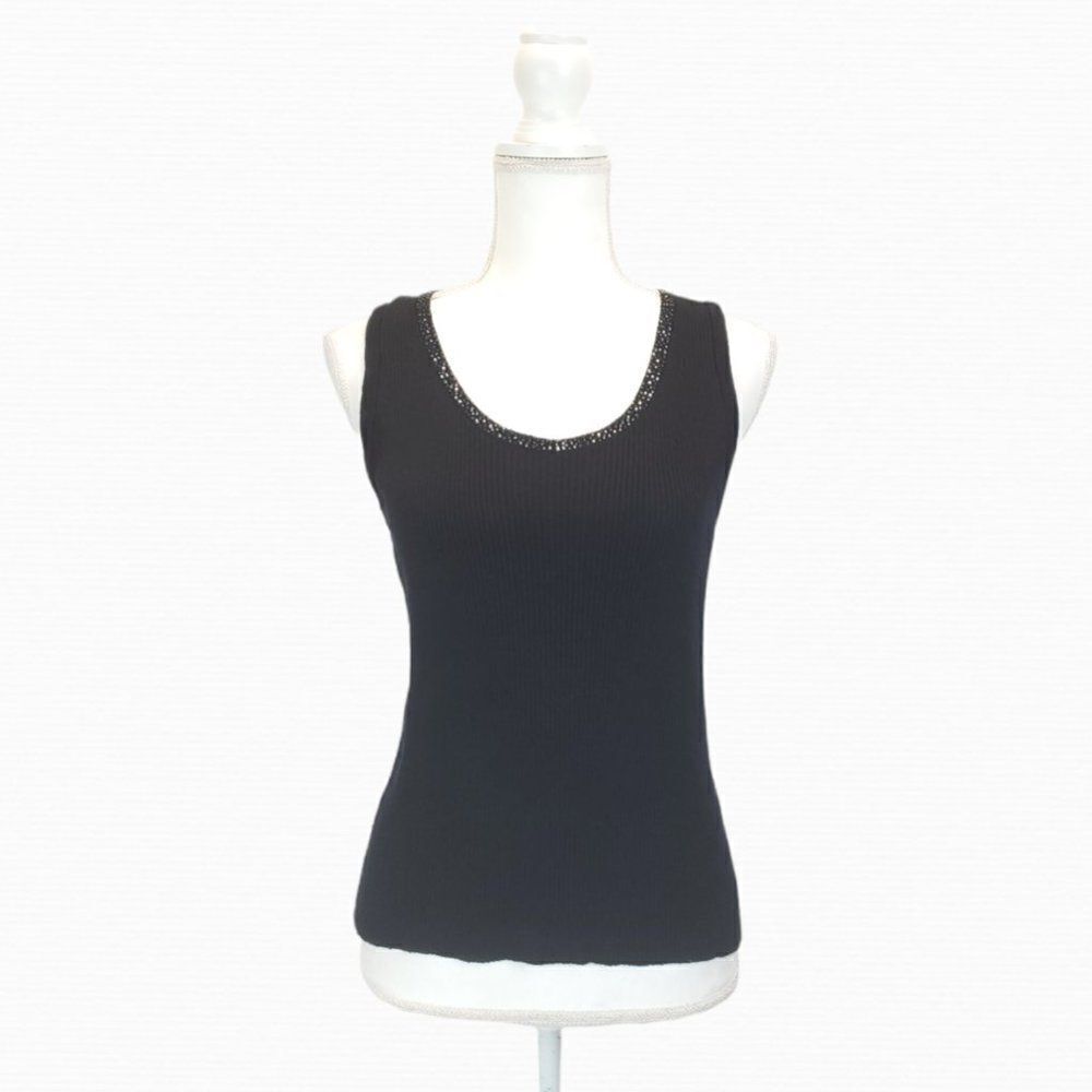 St. John Sport Black Ribbed Knit Sleeveless Top with Rhinestones C-0088d7